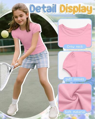 3 Pack Girls' Puff Short Sleeve Shirts Kids Round Neck Basic Tops Casual Summer Blouses 5-14 Years in Kuwait