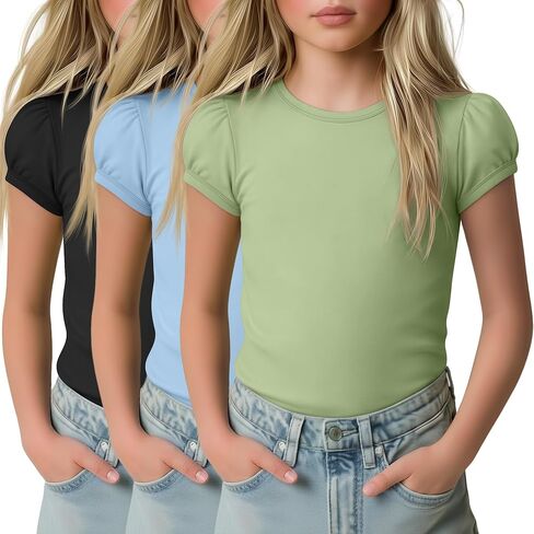 3 Pack Girls' Puff Short Sleeve Shirts Kids Round Neck Basic Tops Casual Summer Blouses 5-14 Years in Kuwait
