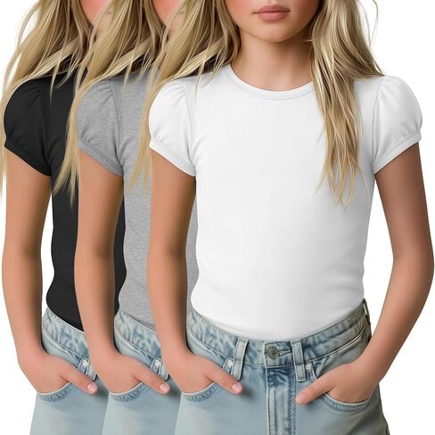 3 Pack Girls' Puff Short Sleeve Shirts Kids Round Neck Basic Tops Casual Summer Blouses 5-14 Years in Kuwait