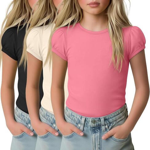3 Pack Girls' Puff Short Sleeve Shirts Kids Round Neck Basic Tops Casual Summer Blouses 5-14 Years in Kuwait