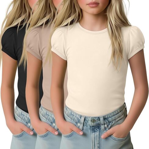 3 Pack Girls' Puff Short Sleeve Shirts Kids Round Neck Basic Tops Casual Summer Blouses 5-14 Years in Kuwait