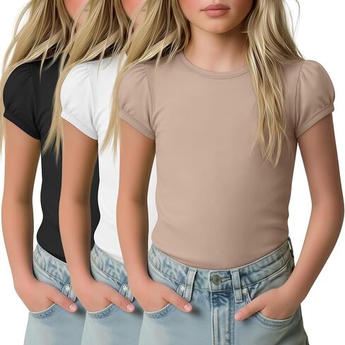 3 Pack Girls' Puff Short Sleeve Shirts Kids Round Neck Basic Tops Casual Summer Blouses 5-14 Years in Kuwait