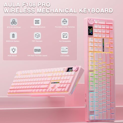 AULA Wireless Keyboard and Keycaps Combo, F108 Pro Full Size Mechanical Keyboard White&Pink Keycap Set in Saudi Arabia