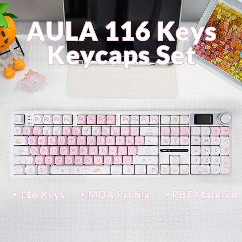 AULA Wireless Keyboard and Keycaps Combo, F108 Pro Full Size Mechanical Keyboard White&Pink Keycap Set in Saudi Arabia