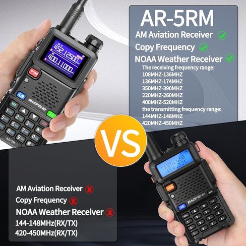 هام راديو Baofeng راديو طويل المدى AR-5RM 10W محمول NOAA راديو الطقس في حالات الطوارئ 999CH 3800mAh بطارية قابلة للشحن أجهزة اتصال لاسلكية مع كابل برمجة، شحن USB-C، 2 حزمة in Kuwait