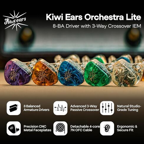 Kiwi Ears Orchestra Lite in Ear Monitor, Custom 8BA HiFi Earphone, Studio Monitor Headphone, Wired Earbuds with Detachable OFC Cable, Handcrafts Faceplate for Audiophile Musician (Clear) in Saudi Arabia