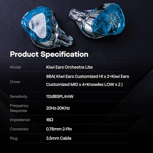 Kiwi Ears Orchestra Lite in Ear Monitor, Custom 8BA HiFi Earphone, Studio Monitor Headphone, Wired Earbuds with Detachable OFC Cable, Handcrafts Faceplate for Audiophile Musician (Clear) in Saudi Arabia