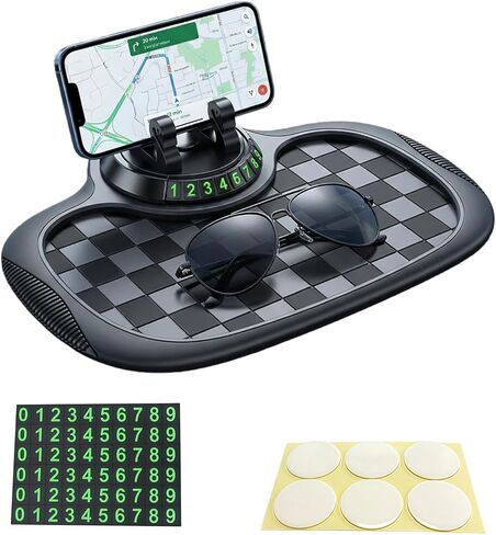 سجادة سيارة متعددة الوظائف مضادة للانزلاق، مع حامل هاتف، رقم موقف مؤقت ووسادة كبيرة، وسادة لوحة قيادة السيارة مضادة للانزلاق قابلة للدوران 360 درجة للهاتف والنظارات الشمسية والمفاتيح (رمادي) in Kuwait