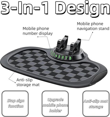 سجادة سيارة متعددة الوظائف مضادة للانزلاق، مع حامل هاتف، رقم موقف مؤقت ووسادة كبيرة، وسادة لوحة قيادة السيارة مضادة للانزلاق قابلة للدوران 360 درجة للهاتف والنظارات الشمسية والمفاتيح (رمادي) in Kuwait