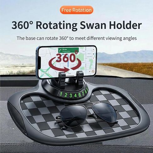 سجادة سيارة متعددة الوظائف مضادة للانزلاق، مع حامل هاتف، رقم موقف مؤقت ووسادة كبيرة، وسادة لوحة قيادة السيارة مضادة للانزلاق قابلة للدوران 360 درجة للهاتف والنظارات الشمسية والمفاتيح (رمادي) in Kuwait