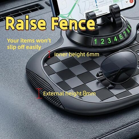 سجادة سيارة متعددة الوظائف مضادة للانزلاق، مع حامل هاتف، رقم موقف مؤقت ووسادة كبيرة، وسادة لوحة قيادة السيارة مضادة للانزلاق قابلة للدوران 360 درجة للهاتف والنظارات الشمسية والمفاتيح (رمادي) in Kuwait