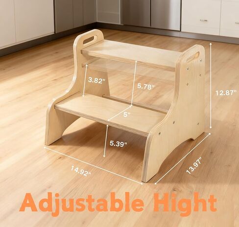 Toddler Step Stool, 2-Step Wooden Step Stool with Adjustable Hight, Sturdy 330lbs Capacity Kid Stool for Toddlers, Easy-Wipe Surface (Natural Wood) in Saudi Arabia