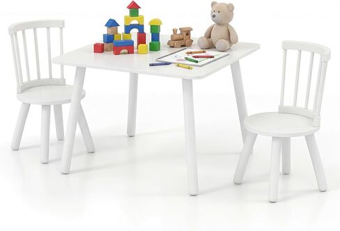Costzon Kids Table and Chairs, Wooden 3 PCS Children Desk Set w/Pine Wood Frame, Curved Backrest & Round Seats for Playing Learning Eating, Toddler Table and Chair Set (23.5" x 23.5" x 17",Natural) in Saudi Arabia