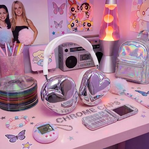 Chrome Case for AirPods Max (2020/2024) 3D Durable Attachments & Covers, Anti-Scratch Protective Accessories, Cool Y2K Metallic Case for AirPod Max Headphones (Hearts) in Saudi Arabia
