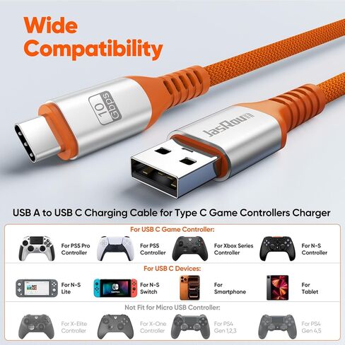 سلك شاحن وحدة التحكم PS5 بطول 10 أقدام 2 حزمة، شحن سريع 3 أمبير و10 جيجابت في الثانية USB 3.2 مزامنة بيانات طويلة USB A إلى النوع C كابل مضفر لجهاز PS5 DualSense/Edge، X-box Series S/X Core، Elite Series 2، Switch/Lite/Pro in Kuwait