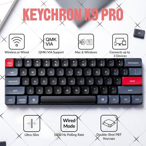 Keychron K9 Pro Low-Profile Wireless Mechanical Keyboard, 60% Compact RGB Keyboard with Tactile Brown Switches, Ultra-Slim Aluminum Frame, QMK Programmable, for Mac & Windows, Double-Shot PBT Keycaps in Saudi Arabia