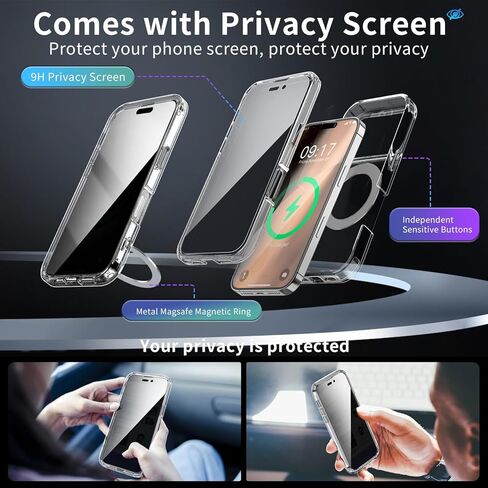حافظة خصوصية لهاتف iPhone 17 Pro Max مع حامل 360 درجة [واقي شاشة مدمج مضاد للظهور] [حلقة مغناطيسية] غطاء حماية كامل للهاتف 17Pro مقاس 6.9 بوصة، شفاف in Saudi Arabia