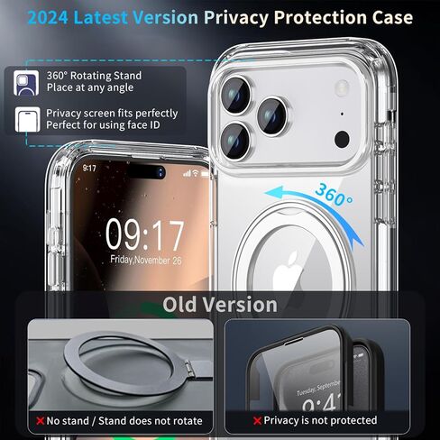 حافظة خصوصية لهاتف iPhone 17 Pro Max مع حامل 360 درجة [واقي شاشة مدمج مضاد للظهور] [حلقة مغناطيسية] غطاء حماية كامل للهاتف 17Pro مقاس 6.9 بوصة، شفاف in Saudi Arabia