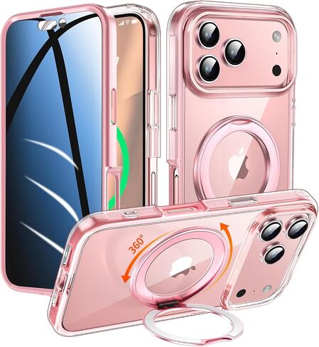 حافظة خصوصية لهاتف iPhone 17 Pro Max مع حامل 360 درجة [واقي شاشة مدمج مضاد للظهور] [حلقة مغناطيسية] غطاء حماية كامل للهاتف 17Pro مقاس 6.9 بوصة، شفاف in Saudi Arabia