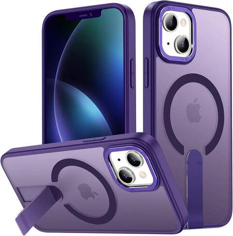 حافظة لهاتف iPhone 13 مع مسند، [حامل غير مرئي] متوافق مع MagSafe، حماية من الدرجة العسكرية مضادة للانزلاق ومضادة للصدمات، حافظة هاتف مغناطيسية نحيفة شفافة لهاتف iPhone 13 (أرجواني) in Saudi Arabia