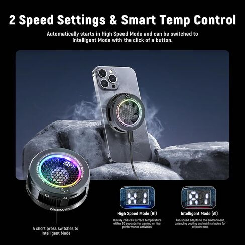 NEEWER Basics PA069 Magnetic Phone Cooler + PA119 Magnetic Gym Phone Holder, Low Noise USB Cooling Fan with Smart Temp Control, RGB Light, Compatible with MagSafe iPhone iPad Samsung for Gaming in Saudi Arabia