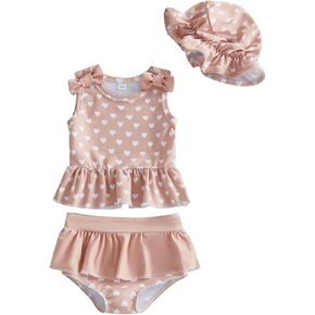 طفل فتاة القماش القطني ملابس السباحة البقرة طباعة أكمام كشكش الأعلى سروال سباحة قصير قبعات الشمس الرضع طفل 3 قطعة ثوب السباحة in Kuwait