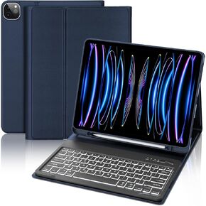 D DINGRICH iPad Pro 12.9 Inch (6/5/4th Gen) Case with Keyboard - Magnetic Rechargeable 7 Color Backlit Removeable Keyboard, Folio Leather Cover with Pencil Holder for iPad Pro 12.9'', Blue in Kuwait