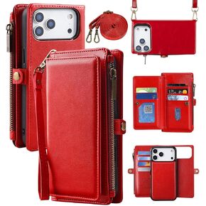 حافظة محفظة MInCYB لهاتف iPhone 17 Pro، [متوافقة مع Magsafe] [مغناطيسي قابل للفصل] [RFID Blocking] حافظة جلدية PU مع حامل بطاقة وحزام كروس للنساء والرجال، أحمر in Kuwait