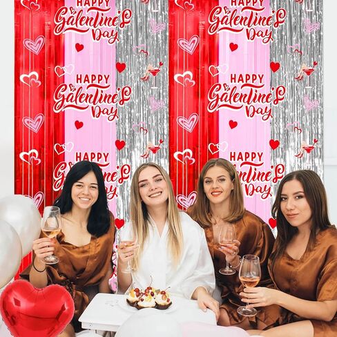 Galentines Backdrop Galentines Day Decorations: Foil Fringe Curtains Backdrop Valentines Party Decorations 2 Pack 3.3 X 6.6 Ft Red Pink Silver Tinsel Galentines Day Backdrop in Saudi Arabia