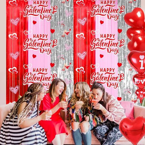 Galentines Backdrop Galentines Day Decorations: Foil Fringe Curtains Backdrop Valentines Party Decorations 2 Pack 3.3 X 6.6 Ft Red Pink Silver Tinsel Galentines Day Backdrop in Saudi Arabia