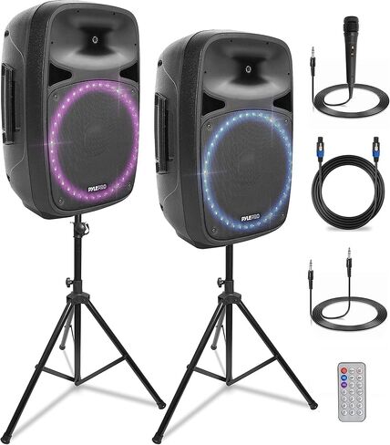 Pyle Wireless Portable PA Speaker System - 1000W High Powered Bluetooth Compatible Active + Passive Pair Outdoor Sound Speakers W/USB SD MP3 AUX - 35mm Mount, 2 Stand, Microphone, Remote in Kuwait