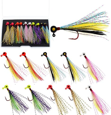 10pcs Fishing Jigs Crappie Jig Head Fishing Lures Hook Jigs Kit with Feather Fly Fishing Hand Tied Marabou Jig for Crappie Trout Walleye Panfish in Saudi Arabia