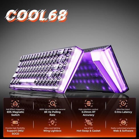 DAREU COOL68 لوحة مفاتيح سلكية للألعاب بنسبة 60%، لوحة مفاتيح مغناطيسية سريعة التشغيل مع معدل استقصاء 8000 هرتز، تشغيل قابل للتعديل، زمن وصول 0.1 مللي ثانية، حامل حشية، قابل للتبديل السريع، ضوء RGB in Saudi Arabia