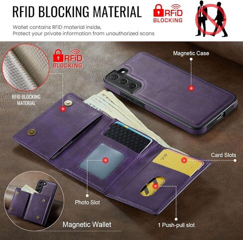 Asuwish Phone Case for Samsung Galaxy S22 5G Wallet Magnetic Detachable Cell Cover with Wireless Charging and RFID Blocking Credit Card Holder Flip Stand Hard S 22 22S 4G G5 6.1 inch Women Men Purple in Saudi Arabia