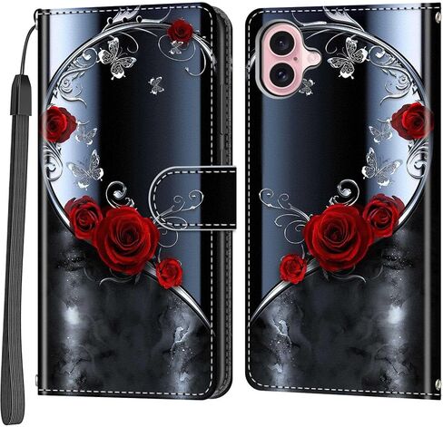 حافظة محفظة لهاتف iPhone 16، [مسند] حامل 3 بطاقات [غلاف داخلي من مادة TPU مقاوم للصدمات]، غطاء قلاب واقٍ مغناطيسي من جلد البولي يوريثان مقاس 6.1 بوصة، فراشة وردية in Kuwait