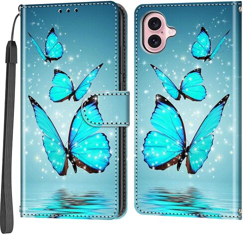 حافظة محفظة لهاتف iPhone 16، [مسند] حامل 3 بطاقات [غلاف داخلي من مادة TPU مقاوم للصدمات]، غطاء قلاب واقٍ مغناطيسي من جلد البولي يوريثان مقاس 6.1 بوصة، فراشة وردية in Kuwait