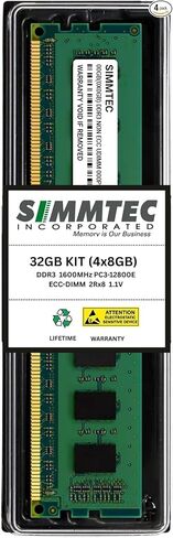 Simmtec 32GB (4x8GB) DDR3 ECC Unbuffered 1600MHz PC3-12800E ذاكرة الوصول العشوائي للخادم - متوافقة مع Dell Precision T1650، T1700، T3600، T3610 in Kuwait