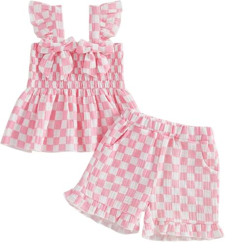 Toddler Baby Girl Daisy Outfit Summer Clothes Bowknot Smocked Camisole Tank Top Ruffle Shorts Set in Saudi Arabia