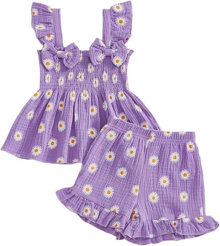 Toddler Baby Girl Daisy Outfit Summer Clothes Bowknot Smocked Camisole Tank Top Ruffle Shorts Set in Saudi Arabia
