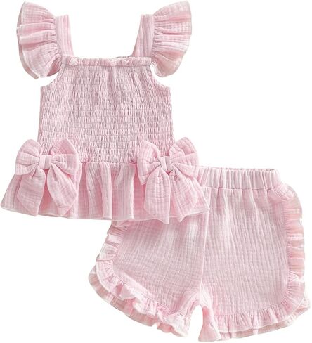 Toddler Baby Girl Daisy Outfit Summer Clothes Bowknot Smocked Camisole Tank Top Ruffle Shorts Set in Saudi Arabia
