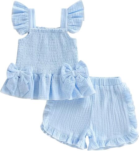 Toddler Baby Girl Daisy Outfit Summer Clothes Bowknot Smocked Camisole Tank Top Ruffle Shorts Set in Saudi Arabia