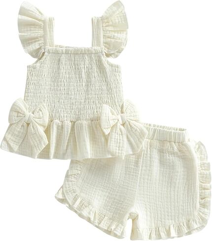 Toddler Baby Girl Daisy Outfit Summer Clothes Bowknot Smocked Camisole Tank Top Ruffle Shorts Set in Saudi Arabia