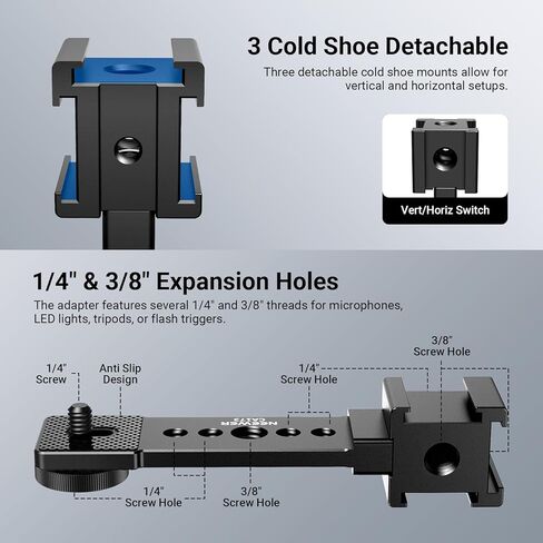NEEWER Triple Cold Shoe Mount Plate for Mic LED Light, Metal Extension Bracket Microphone Stand Rig 1/4" 3/8" Compatible with DJI OSMO Mobile Zhiyun Feiyu Vimble Hohem Phone Gimbal Stabilizer, CA173 in Saudi Arabia