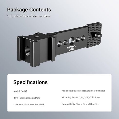 NEEWER Triple Cold Shoe Mount Plate for Mic LED Light, Metal Extension Bracket Microphone Stand Rig 1/4" 3/8" Compatible with DJI OSMO Mobile Zhiyun Feiyu Vimble Hohem Phone Gimbal Stabilizer, CA173 in Saudi Arabia
