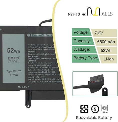 MULS N7HT0 52Wh Battery Compatible with Dell Latitude 9510 9520 Latitude 9510 2-in-1 Series Laptop Notebook TVKGH V5K68 N2NLL HYMNG 08NFC7 N2NLL N7HTO 0PKW00 089GNG 0HYMNG 6500mAh 4 Cells in Saudi Arabia