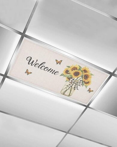 Fluorescent Light Covers for Ceiling Lights 1 Piece, Yellow Sunflower Magnetic Classroom Light Covers 4x2 Feet, Butterfly Beige Vintage Country Fluorescent Ceiling Filters for Office Classroom in Saudi Arabia