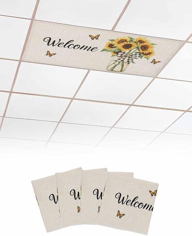 Fluorescent Light Covers for Ceiling Lights 1 Piece, Yellow Sunflower Magnetic Classroom Light Covers 4x2 Feet, Butterfly Beige Vintage Country Fluorescent Ceiling Filters for Office Classroom in Saudi Arabia