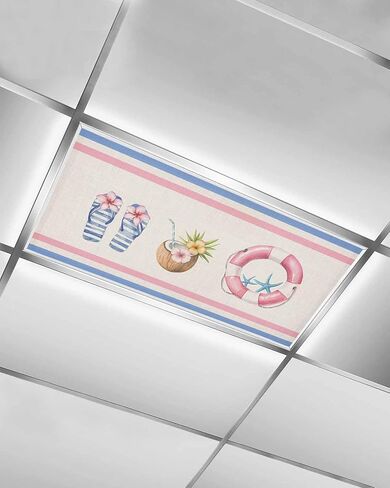 Fluorescent Light Covers for Ceiling Lights 2 Pack, Summer Slippers Beach Magnetic Classroom Light Covers 4x2 Feet, Coconut Starfish Blue Pink Stripes Fluorescent Ceiling Filters for Office Classroom in Saudi Arabia