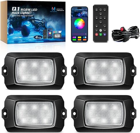 MICTUNING Q1 RGBW LED أضواء الصخور، 8 القرون لون نقي تحت توهج نيون إضاءة متعددة الألوان مع مجموعة مفاتيح الأسلاك، وحدة تحكم بلوتوث، جهاز التحكم عن بعد، وضع الموسيقى للشاحنات سيارة ATV UTV عربة الغولف in Kuwait