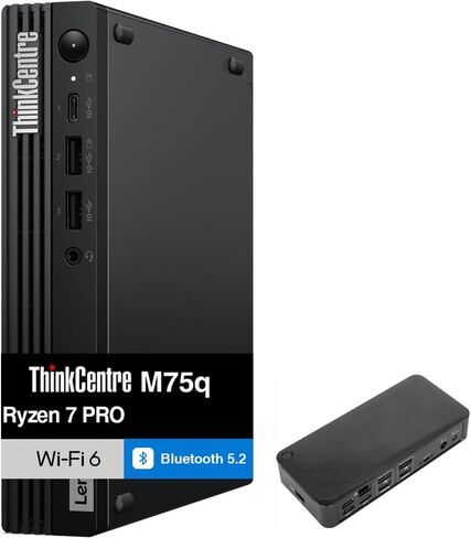 كمبيوتر سطح المكتب الصغير Lenovo ThinkCentre M75q Business (AMD Ryzen 7 PRO 8700GE، 64GB DDR5، 512GB PCIe SSD، WiFi 6، Bluetooth 5.2، 90W PSU، RJ-45، 1 Display Port، HDMI، Win 11 Pro) مع قاعدة توصيل USB-C in Kuwait